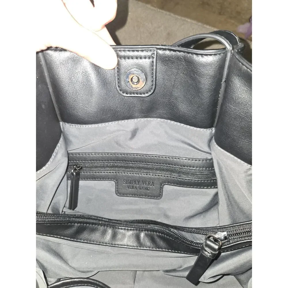 Simply Vera Vera Wang Black Faux Leather Tote Shoulder Handbag Large Magnetic Sn